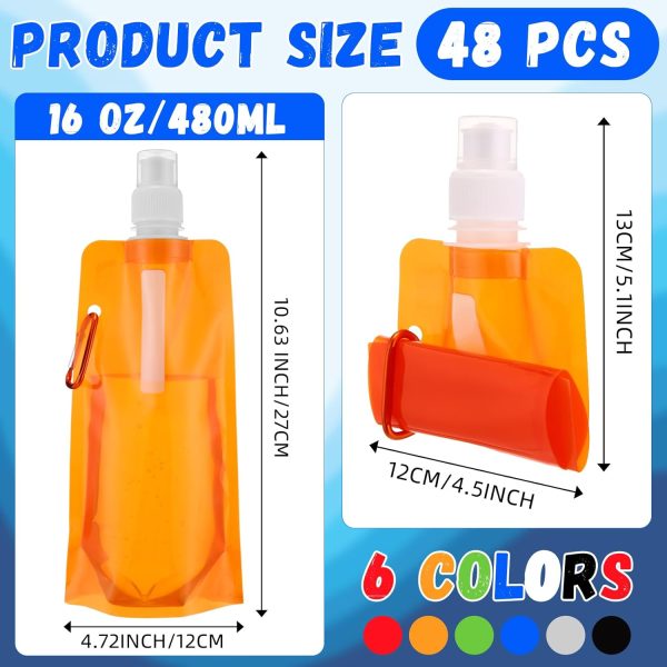 48 Pack Collapsible Water Bottles Bulk 16oz Foldable Water Bottles with Carabiner 6 Colors Reusable Drinking Bags Leak Proof Container Bag for Sports Biking Hiking Camping Outdoor - Image 2