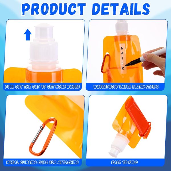 48 Pack Collapsible Water Bottles Bulk 16oz Foldable Water Bottles with Carabiner 6 Colors Reusable Drinking Bags Leak Proof Container Bag for Sports Biking Hiking Camping Outdoor - Image 3