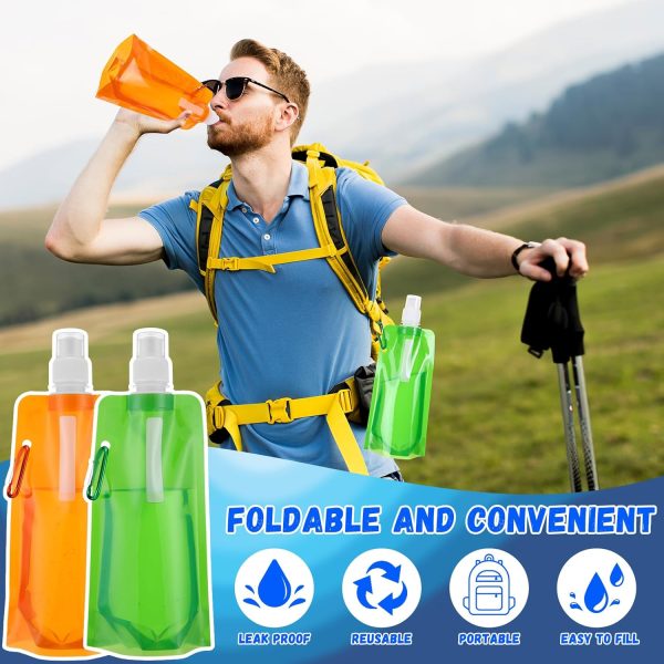 48 Pack Collapsible Water Bottles Bulk 16oz Foldable Water Bottles with Carabiner 6 Colors Reusable Drinking Bags Leak Proof Container Bag for Sports Biking Hiking Camping Outdoor - Image 5