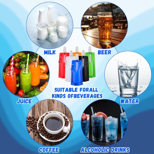 48 Pack Collapsible Water Bottles Bulk 16oz Foldable Water Bottles with Carabiner 6 Colors Reusable Drinking Bags Leak Proof Container Bag for Sports Biking Hiking Camping Outdoor - Image 6